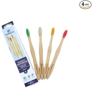 FAIRBIZPS Bamboo Toothbrush Set - Pack of 4, Soft Bristles, BPA-Free, Antibacterial, Biodegradable