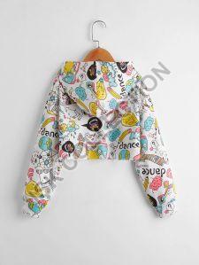 White All Over Printed Crop Hoodie