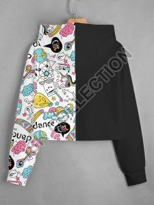 Half Plain Black & Half Printed Crop Hoodie