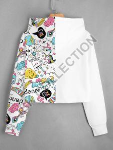 Half Plain White & Half Printed Crop Hoodie