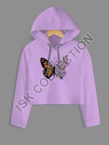 Flowers & Butterfly Printed Purple Crop Hoodie