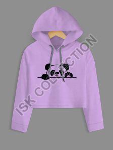 Hello Panda Printed Purple Crop Hoodie