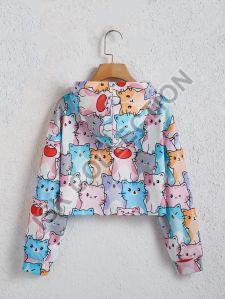 All Over Cat Printed Crop Hoodie