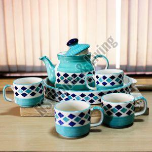 Turquoise Checkered Hand Painted Ceramic Tea Set