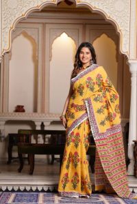 Mulmul saree hand block printed