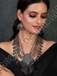 SH27-YG-JS-3251 Oxidised Silver Plated Kundan Long Necklace