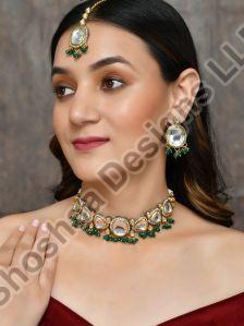 SH28-YG-JS-3422 Gold Plated Green Polki Kundan Choker