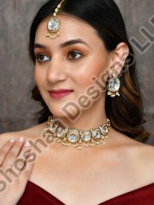 SH28-YG-JS-3423 Gold Plated Pearl Polki Kundan Choker