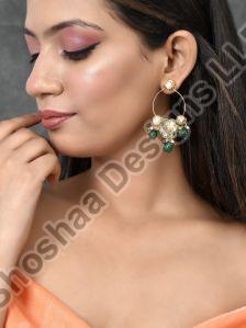 SH29-BM-ER-3462 Gold Toned Green Kundan Drop Earrings