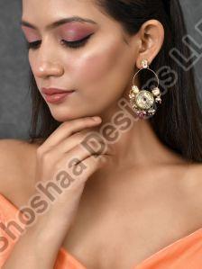 SH29-BM-ER-3463 Maroon Gold Plated Kundan Drop Earrings