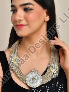 SH30-KM-NL-3538 Silver Plated Jute & Beaded Layered Necklace