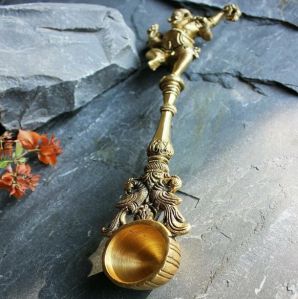 Ancient Brass Ganesha Aarti/Pooja/Hawan Spoon with Ganesha on Top