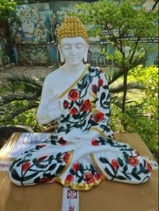 Blessing Buddha in Printed Robe Statue, White 2ft