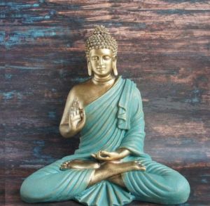 Blessing Buddha Statue, Light Blue/ Gold 2ft