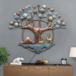 Deers Under Tree and Full Moon Metal Decor