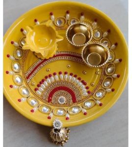 Handpainted Steel Colorful Pooja Thali Set Yellow