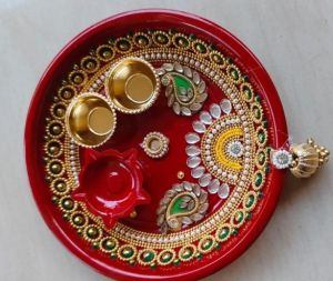 Handpainted Steel Colorful Pooja Thali Set Red