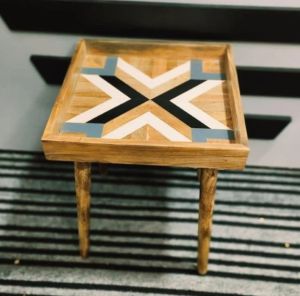 Wooden Side Table with Geometric Design