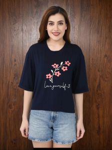 BLUELINK Navy Blue Casual Prited T-shirt For Women