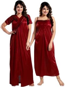 Satin Two Pcs Nighty (Maroon)