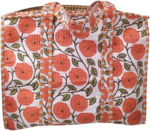 Handblock printed quilted tote bag with concealed zip