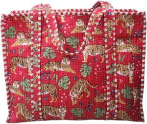 handblock printed quilted tote handbag with concealed zip