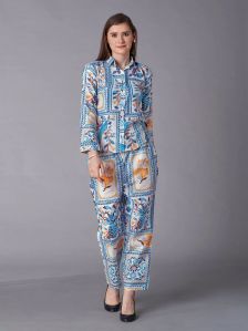 Blue Cotton Regular Fit Abstract Printed Top Trouser Set