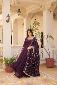 Vichitra Silk Readymade Gown With Dupatta