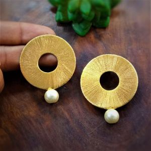 Brass Round Pearl Bead Earrings