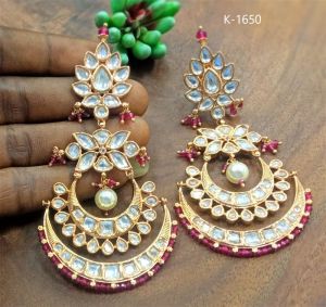 Golden And Red Designer Kundan Earrings