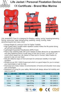 Life Jacket Orange Polyethylene Foam Pisces