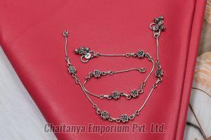 Floral Rose Design Sequenced Silver Anklets