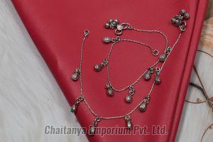 Classic Chained Beads Drop Silver Anklets