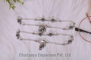 Floral Rose Design Sequenced Silver Anklets