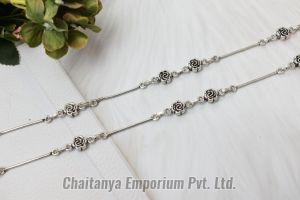 Floral Rose Design Sequenced Silver Anklets