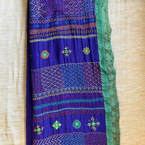 Handloom cotton saree with Lambani hand embroidery - Blue with greem border