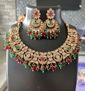 Multicolor Brass Ladies Kundan Necklace Set