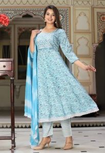 Ladies Anarkali Kurta Pant With Dupatta Set