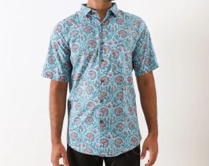 Mens Blue Printed Cotton Shirt