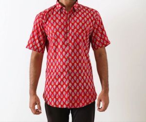 Mens Red Sanganeri Printed Shirt