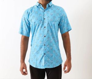 Mens Sky Blue Printed Cotton Shirt