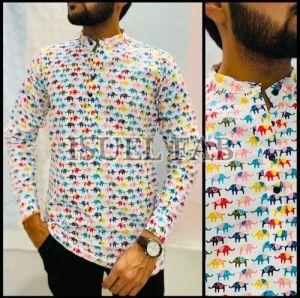 Mens Elephant Print Cotton Short Kurta