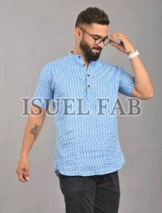 Mens Half Sleeves Blue Short Kurta