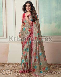 Ladies Beige Printed Georgette Sarees