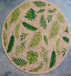 Leaf Printed Jute Round Rug