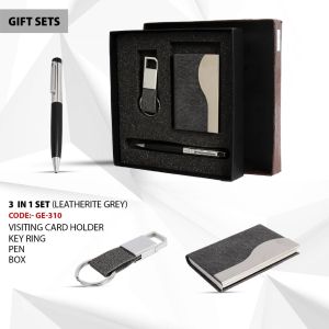 3 In 1 Set (Leatherite Grey) - Visting Card Holder + Key Ring + Pen Set