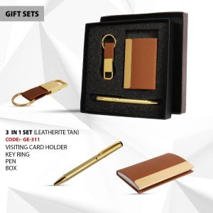 3 In 1 Set (Leatherite Tan) - Visting Card Holder + Key Ring + Pen Set