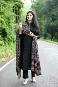 Black Cotton Kurti Pant Printed Dupatta Set