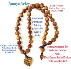 Tulsi Radha Carved Neccompletely Handmade, 54 Tulsi Wood Radha Carved Neck-beak-beads Mala Necklace With Hand-Knotted Macrame Finished Tulsi Mala