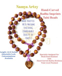 Tulsi Radha Carved Neccompletely Handmade, 54 Tulsi Wood Radha Carved Neck-beak-beads Mala Necklace With Hand-Knotted Macrame Finished Tulsi Mala